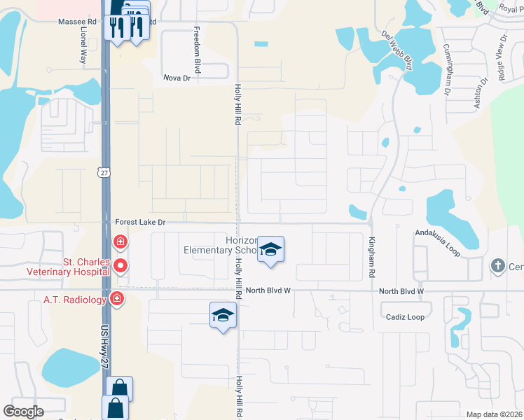 map of restaurants, bars, coffee shops, grocery stores, and more near Holly Hill Road in Davenport
