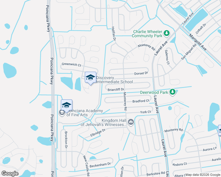 map of restaurants, bars, coffee shops, grocery stores, and more near 143 Briarcliff Drive in Kissimmee
