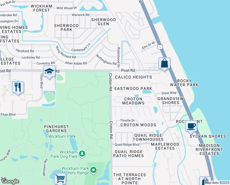 map of restaurants, bars, coffee shops, grocery stores, and more near 1905 Slone Boulevard in Melbourne