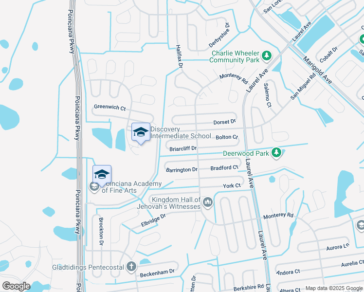 map of restaurants, bars, coffee shops, grocery stores, and more near 112 Briarcliff Drive in Kissimmee