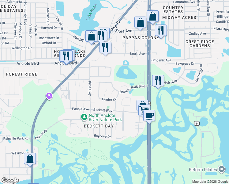 map of restaurants, bars, coffee shops, grocery stores, and more near 1753 Blue Lake Court in Tarpon Springs