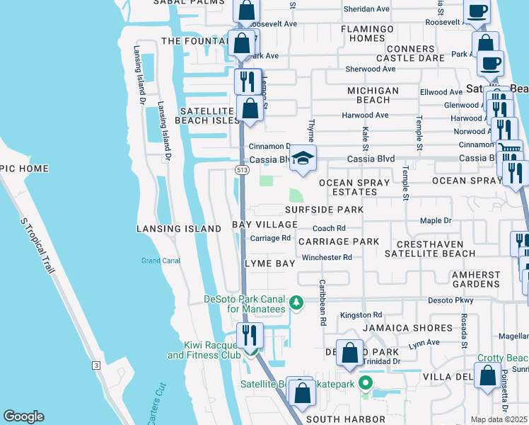 map of restaurants, bars, coffee shops, grocery stores, and more near 3a Rosewood Court in Indian Harbour Beach