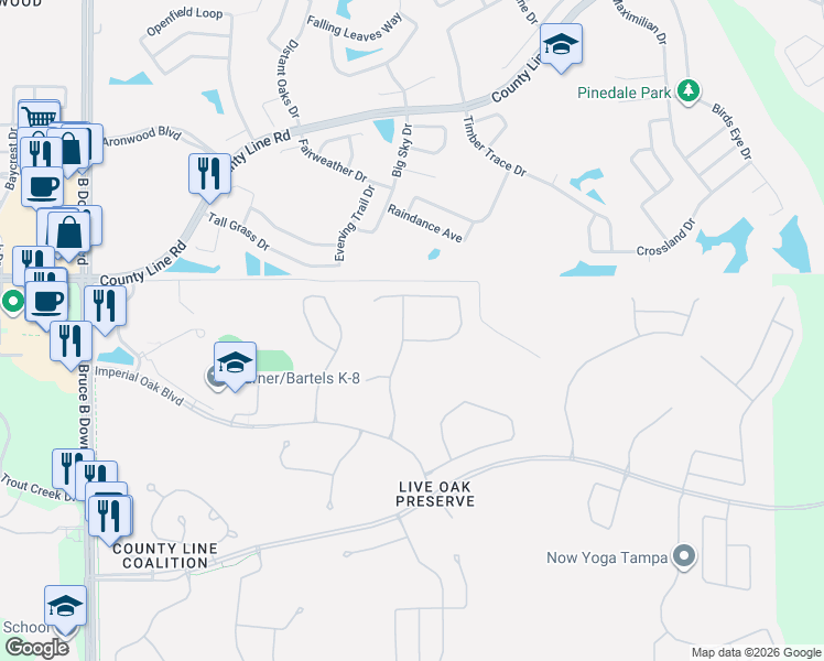 map of restaurants, bars, coffee shops, grocery stores, and more near 20729 Whitewood Way in Tampa