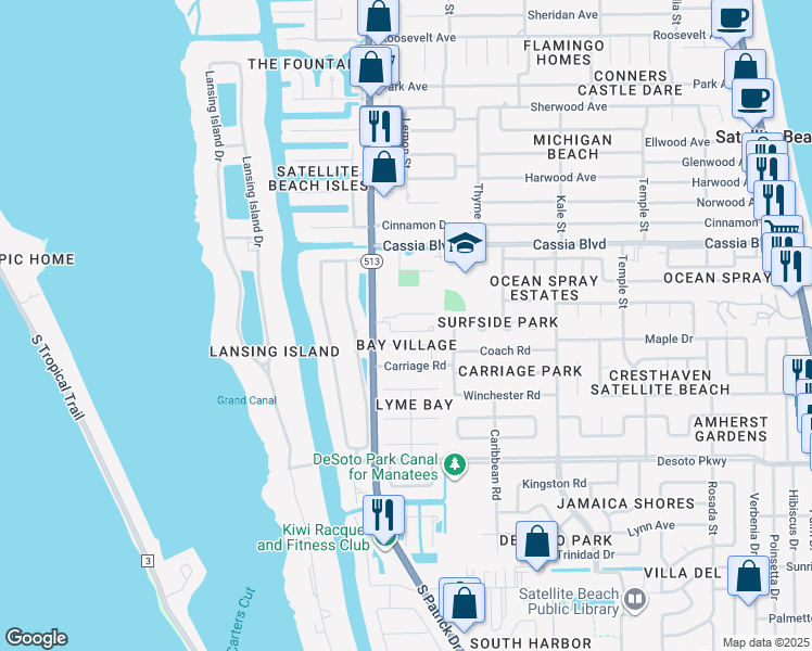 map of restaurants, bars, coffee shops, grocery stores, and more near 655 Rosewood Court in Indian Harbour Beach