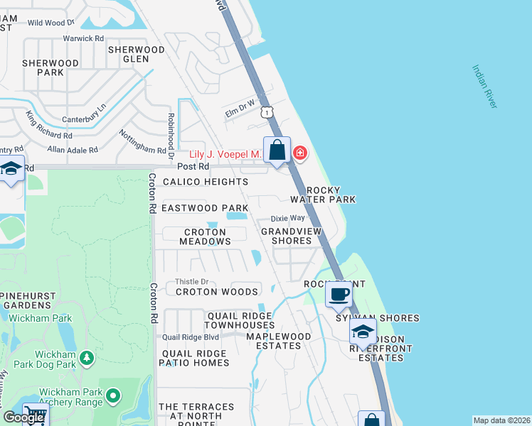 map of restaurants, bars, coffee shops, grocery stores, and more near 1698 Dixie Way in Melbourne