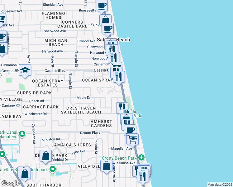 map of restaurants, bars, coffee shops, grocery stores, and more near 109 Skyline Boulevard in Satellite Beach