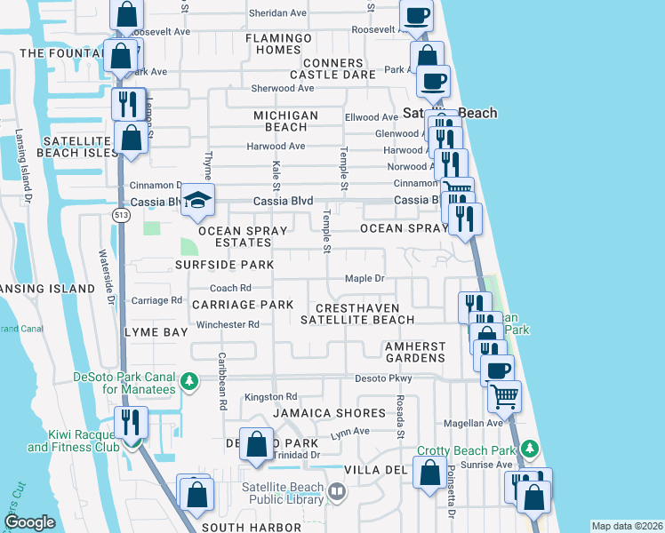 map of restaurants, bars, coffee shops, grocery stores, and more near 485 Temple Street in Satellite Beach