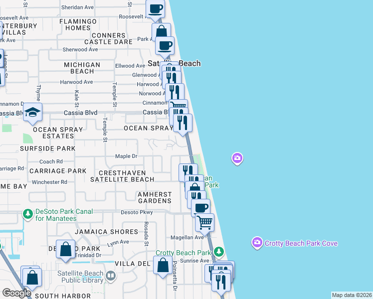 map of restaurants, bars, coffee shops, grocery stores, and more near 101 Skyline Boulevard in Satellite Beach