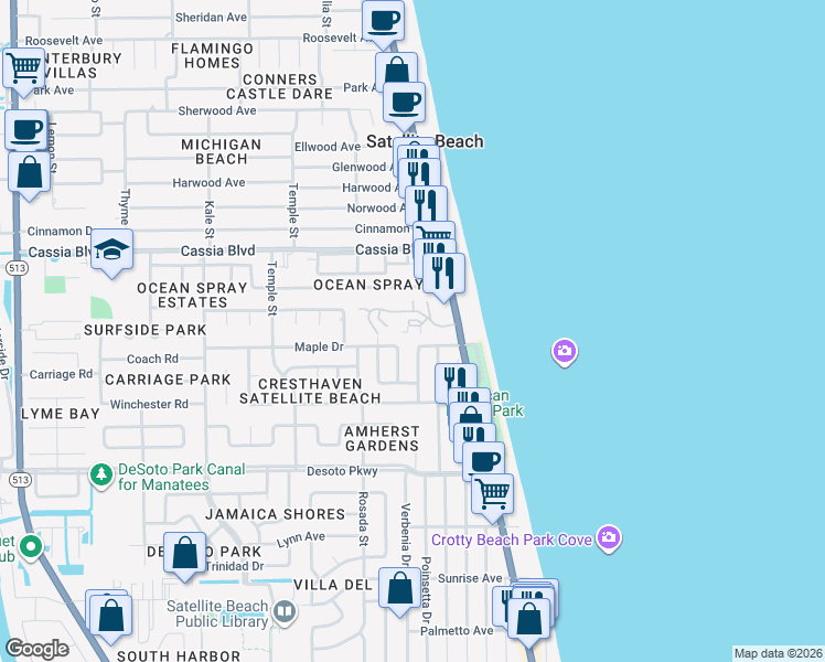 map of restaurants, bars, coffee shops, grocery stores, and more near 121 Skyline Circle in Satellite Beach