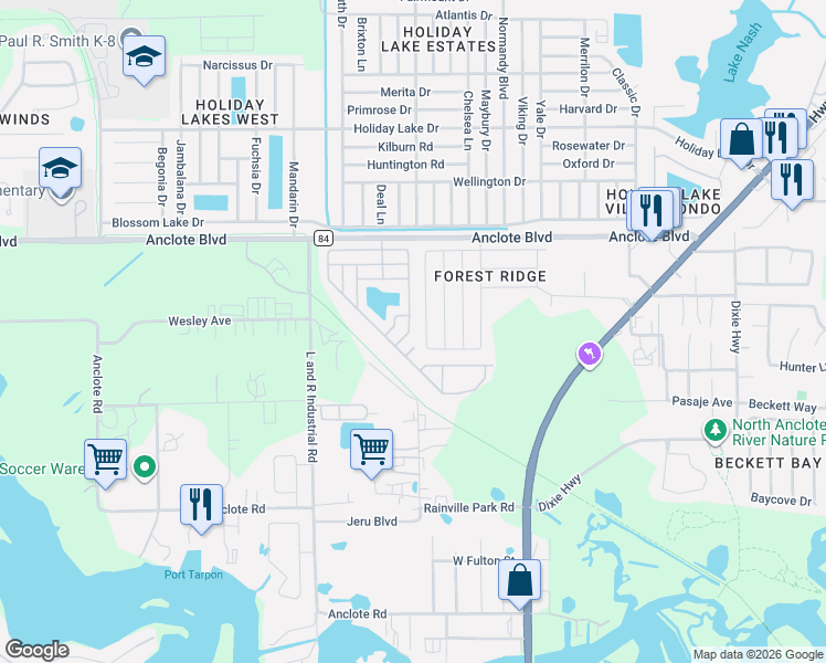 map of restaurants, bars, coffee shops, grocery stores, and more near 1783 Wood Brook Street in Tarpon Springs
