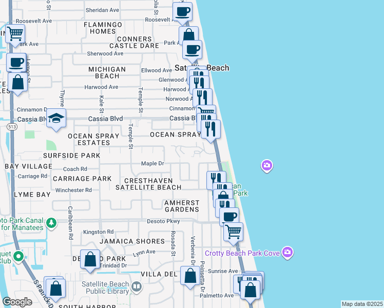 map of restaurants, bars, coffee shops, grocery stores, and more near 115 Skyline Boulevard in Satellite Beach