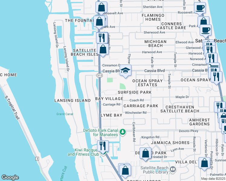 map of restaurants, bars, coffee shops, grocery stores, and more near 3a Rosewood Court in Indian Harbour Beach