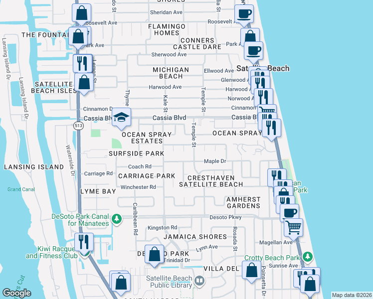 map of restaurants, bars, coffee shops, grocery stores, and more near 473 Poinciana Court in Satellite Beach