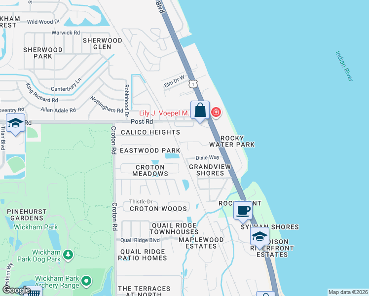map of restaurants, bars, coffee shops, grocery stores, and more near 1698 Dixie Way in Melbourne