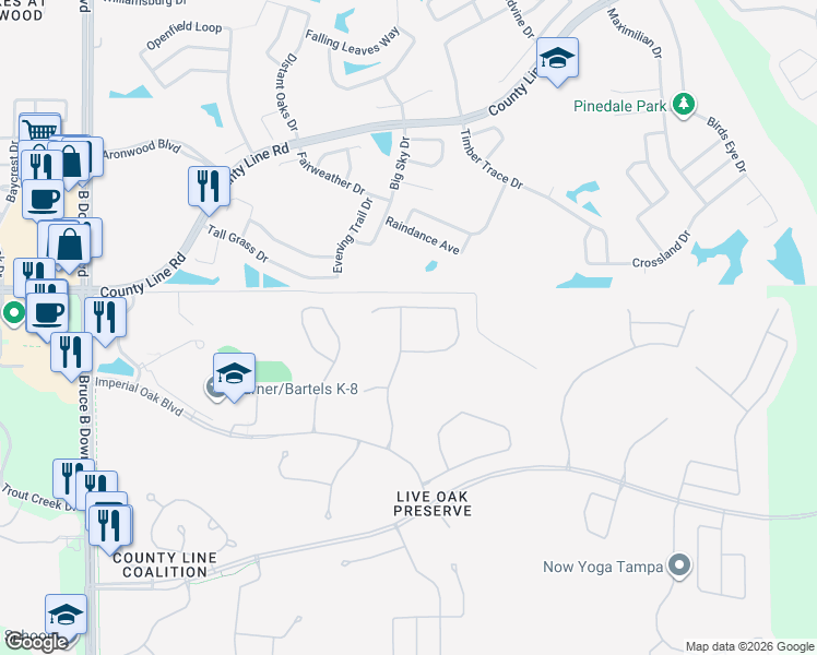 map of restaurants, bars, coffee shops, grocery stores, and more near 20729 Whitewood Way in Tampa