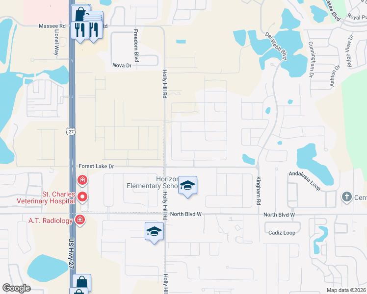 map of restaurants, bars, coffee shops, grocery stores, and more near Holly Hill Road in Davenport