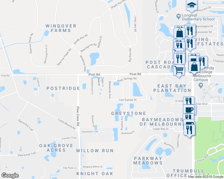 map of restaurants, bars, coffee shops, grocery stores, and more near 3565 Manassas Avenue in Melbourne
