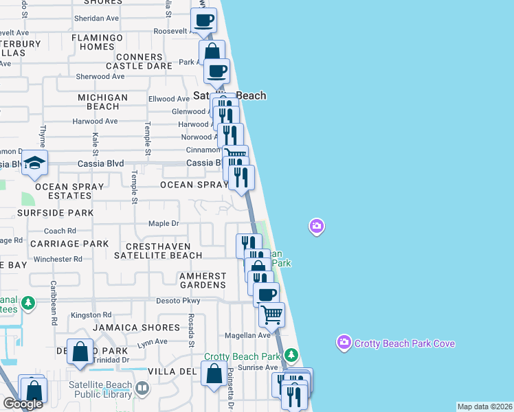 map of restaurants, bars, coffee shops, grocery stores, and more near 101 Skyline Boulevard in Satellite Beach