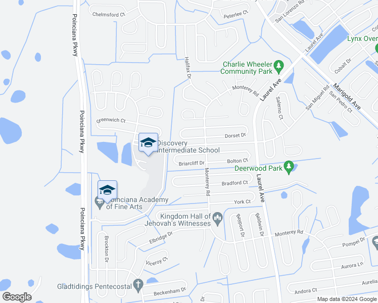 map of restaurants, bars, coffee shops, grocery stores, and more near 143 Briarcliff Drive in Kissimmee