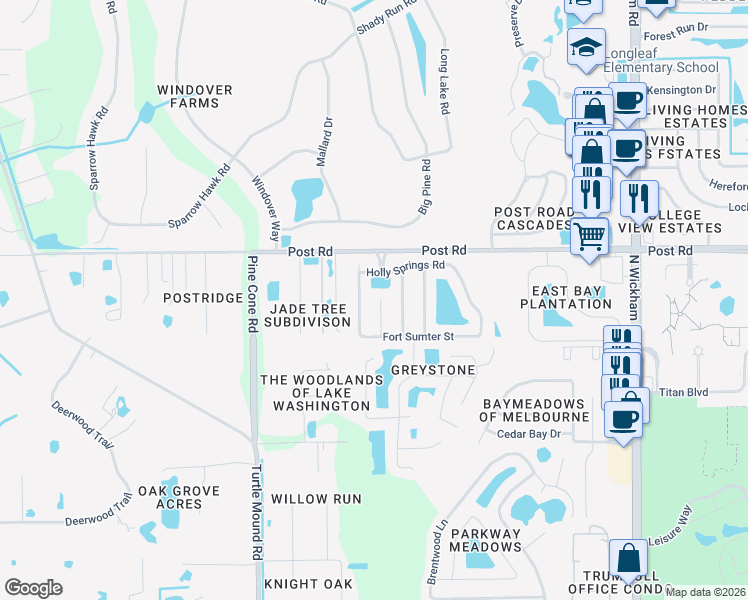 map of restaurants, bars, coffee shops, grocery stores, and more near 3565 Manassas Avenue in Melbourne
