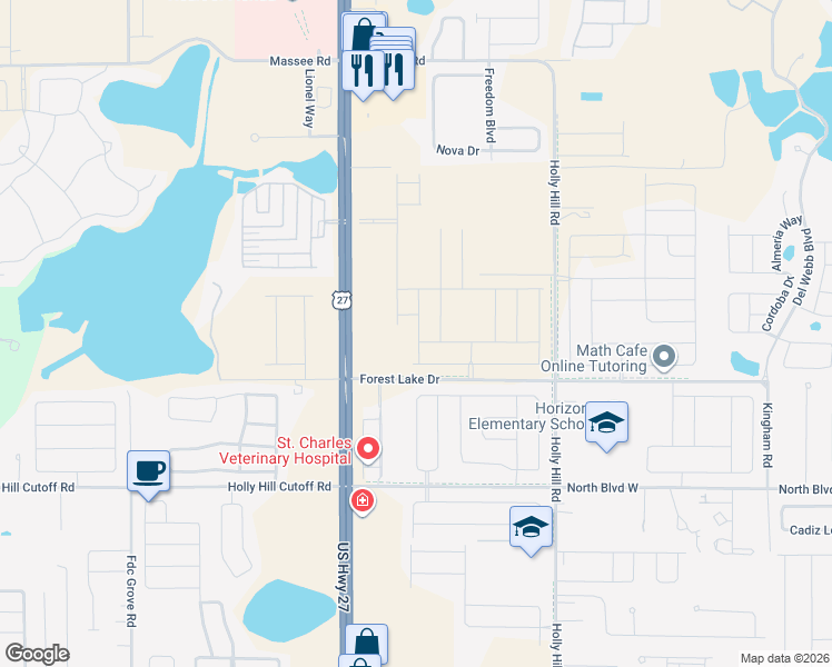 map of restaurants, bars, coffee shops, grocery stores, and more near Forest Lake Drive in Davenport