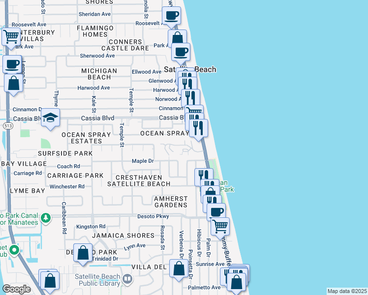 map of restaurants, bars, coffee shops, grocery stores, and more near 115 Skyline Boulevard in Satellite Beach
