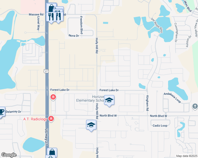 map of restaurants, bars, coffee shops, grocery stores, and more near Holly Hill Road in Davenport