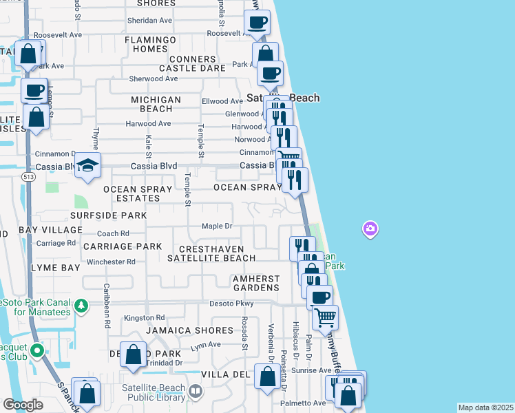 map of restaurants, bars, coffee shops, grocery stores, and more near 187 Skyline Boulevard in Satellite Beach