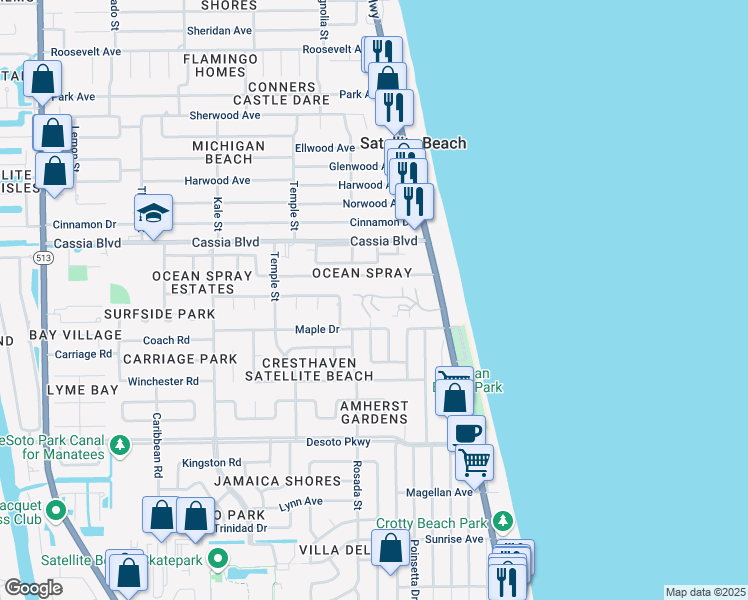 map of restaurants, bars, coffee shops, grocery stores, and more near 187 Skyline Boulevard in Satellite Beach
