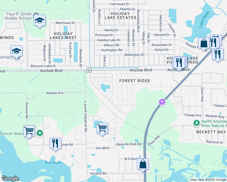 map of restaurants, bars, coffee shops, grocery stores, and more near 1783 Wood Brook Street in Tarpon Springs