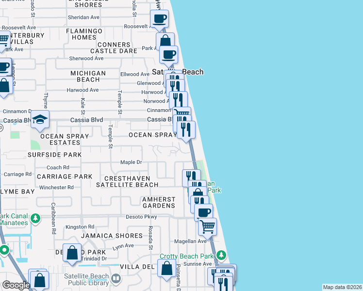 map of restaurants, bars, coffee shops, grocery stores, and more near 101 Skyline Boulevard in Satellite Beach