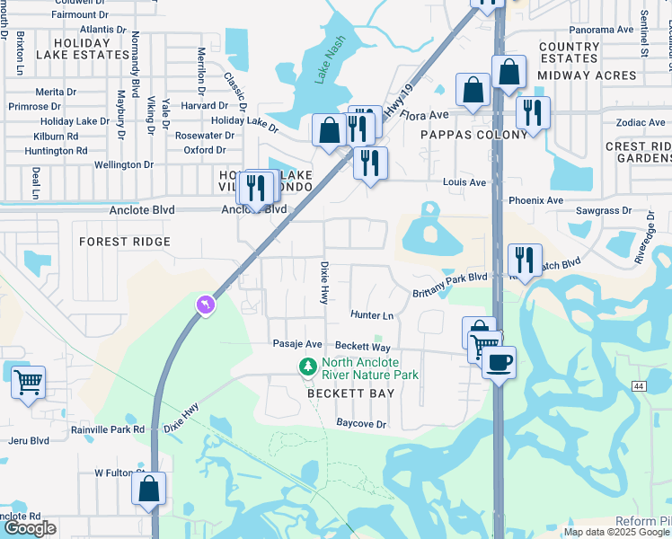 map of restaurants, bars, coffee shops, grocery stores, and more near 861 Briar Oak Court in Tarpon Springs