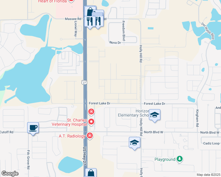map of restaurants, bars, coffee shops, grocery stores, and more near Forest Lake Drive in Davenport