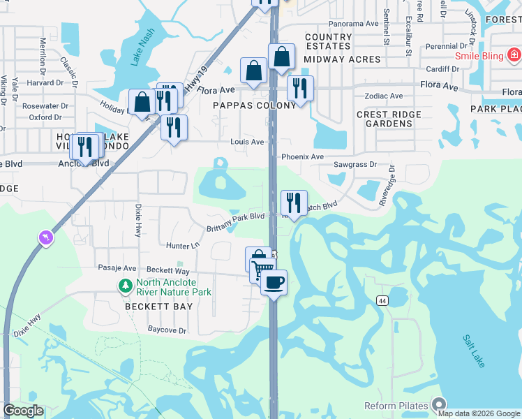 map of restaurants, bars, coffee shops, grocery stores, and more near 43700 US Highway 19 North in Tarpon Springs