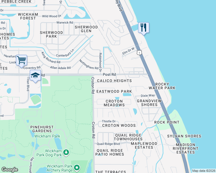 map of restaurants, bars, coffee shops, grocery stores, and more near 1947 Slone Boulevard in Melbourne