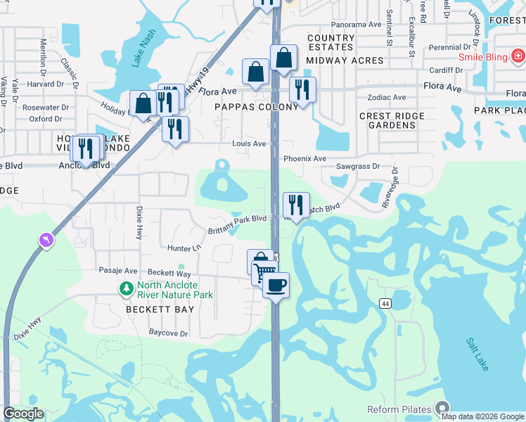 map of restaurants, bars, coffee shops, grocery stores, and more near 43700 US Highway 19 North in Tarpon Springs
