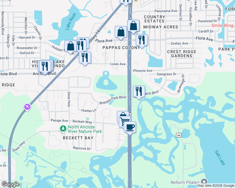map of restaurants, bars, coffee shops, grocery stores, and more near 43700 US Highway 19 North in Tarpon Springs