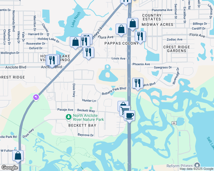 map of restaurants, bars, coffee shops, grocery stores, and more near 908 Linn Harbor Court in Tarpon Springs
