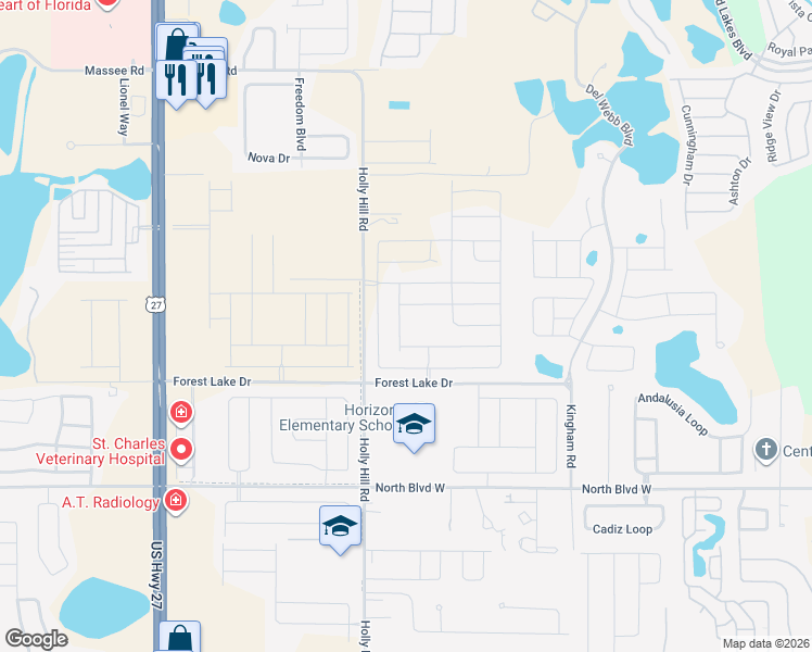 map of restaurants, bars, coffee shops, grocery stores, and more near Holly Hill Road in Davenport