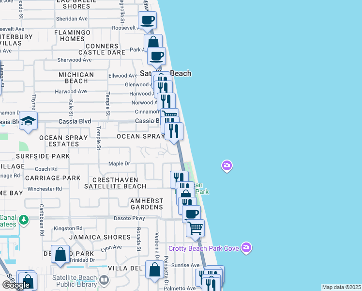map of restaurants, bars, coffee shops, grocery stores, and more near 1465 Florida A1A in Satellite Beach