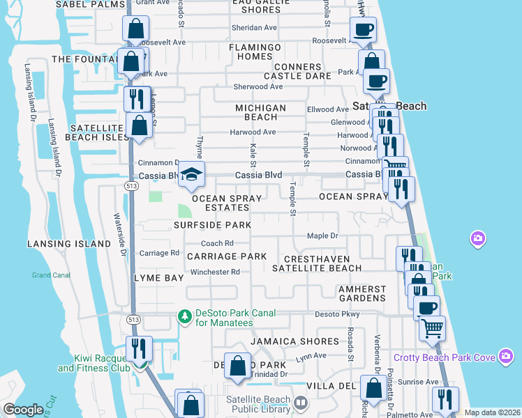 map of restaurants, bars, coffee shops, grocery stores, and more near 370 Greenway Avenue in Satellite Beach
