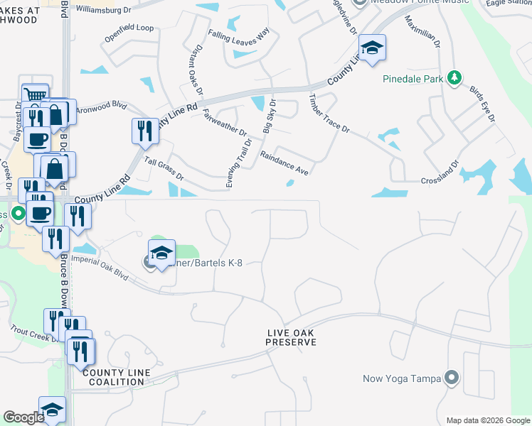 map of restaurants, bars, coffee shops, grocery stores, and more near 20729 Whitewood Way in Tampa