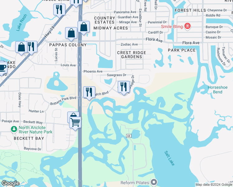 map of restaurants, bars, coffee shops, grocery stores, and more near 1136 Riveredge Drive in Tarpon Springs