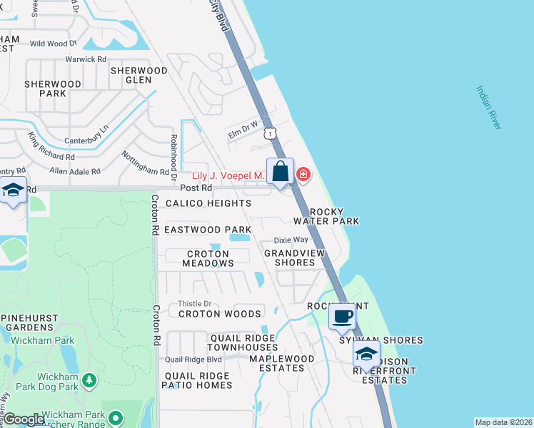 map of restaurants, bars, coffee shops, grocery stores, and more near 1698 Dixie Way in Melbourne
