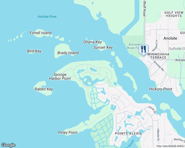 map of restaurants, bars, coffee shops, grocery stores, and more near 2106 Pelican Court in Tarpon Springs