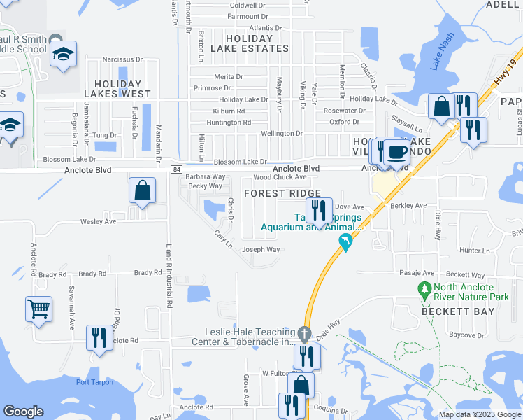 map of restaurants, bars, coffee shops, grocery stores, and more near 1839 Wood Trail Street in Tarpon Springs