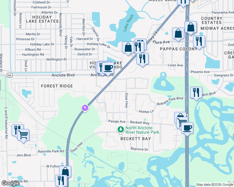 map of restaurants, bars, coffee shops, grocery stores, and more near 1800 Wilmar Avenue in Tarpon Springs