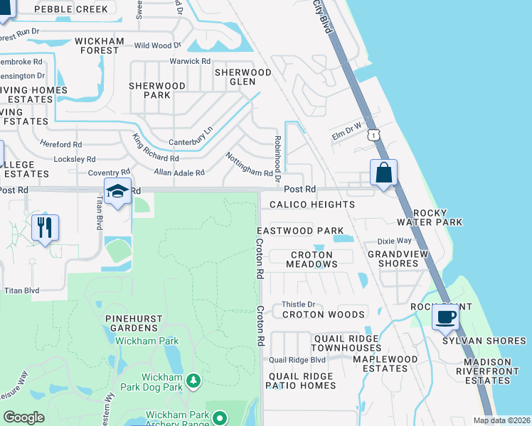 map of restaurants, bars, coffee shops, grocery stores, and more near 2009 Post Road in Melbourne