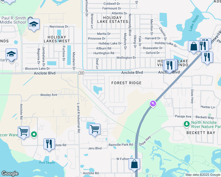 map of restaurants, bars, coffee shops, grocery stores, and more near 1901 Wood Brook Street in Tarpon Springs