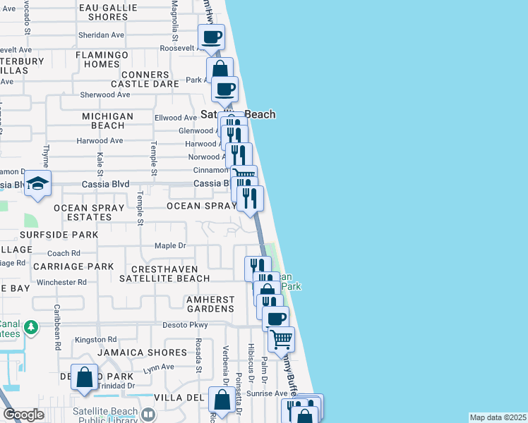 map of restaurants, bars, coffee shops, grocery stores, and more near 1425 Florida A1A in Satellite Beach